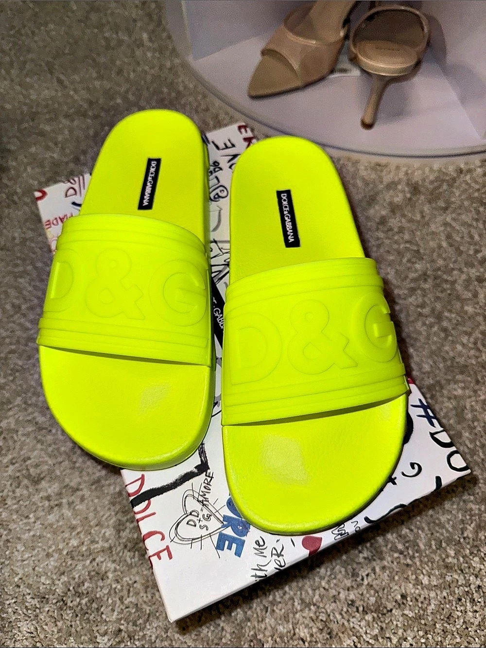 NWT- Dolce & Gabbana Logo Slide Sandals in Neon Green/Yellow EU 38